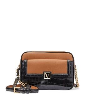 Victoria's Secret Black and Tan Crossbody Bag with Gold Chain